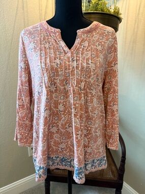 Lucky Brand Dusty Pink Floral Pintuck Henley Tunic with Blue Border